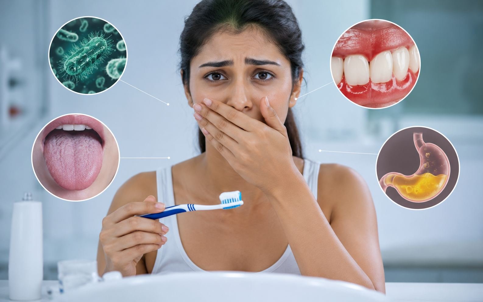 Young Indian woman holding a toothbrush and covering her mouth, looking concerned about bad breath