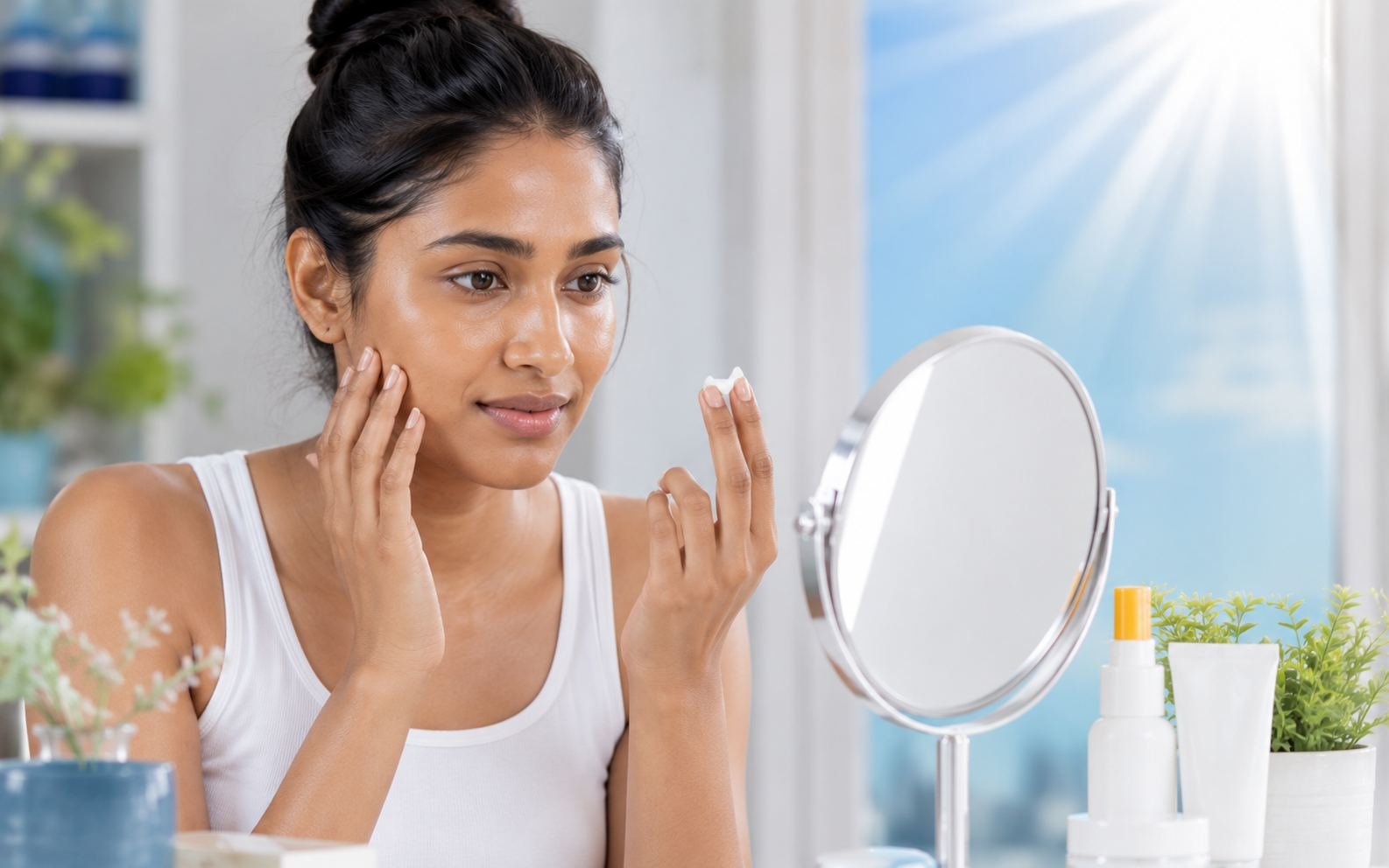 Young Indian woman with oily skin applying sunscreen at her vanity mirror in bright morning light
