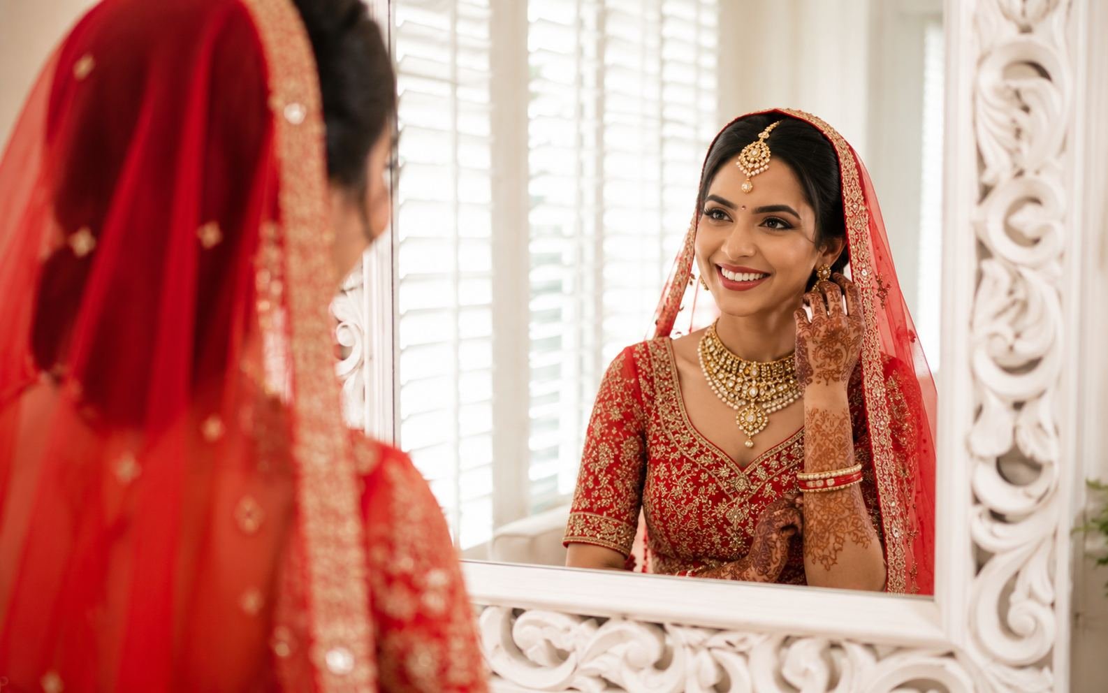 Indian bride in red bridal lehenga and gold jewellery smiles at the mirror, mehndi on her hands