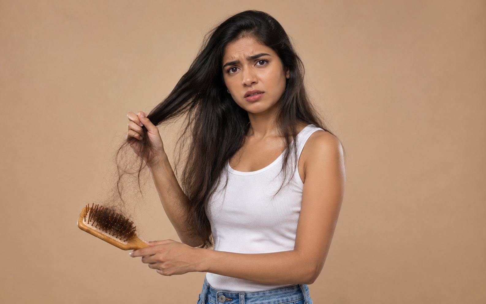 Indian woman holding a hairbrush filled with fallen strands of her long dark hair, looking concerned