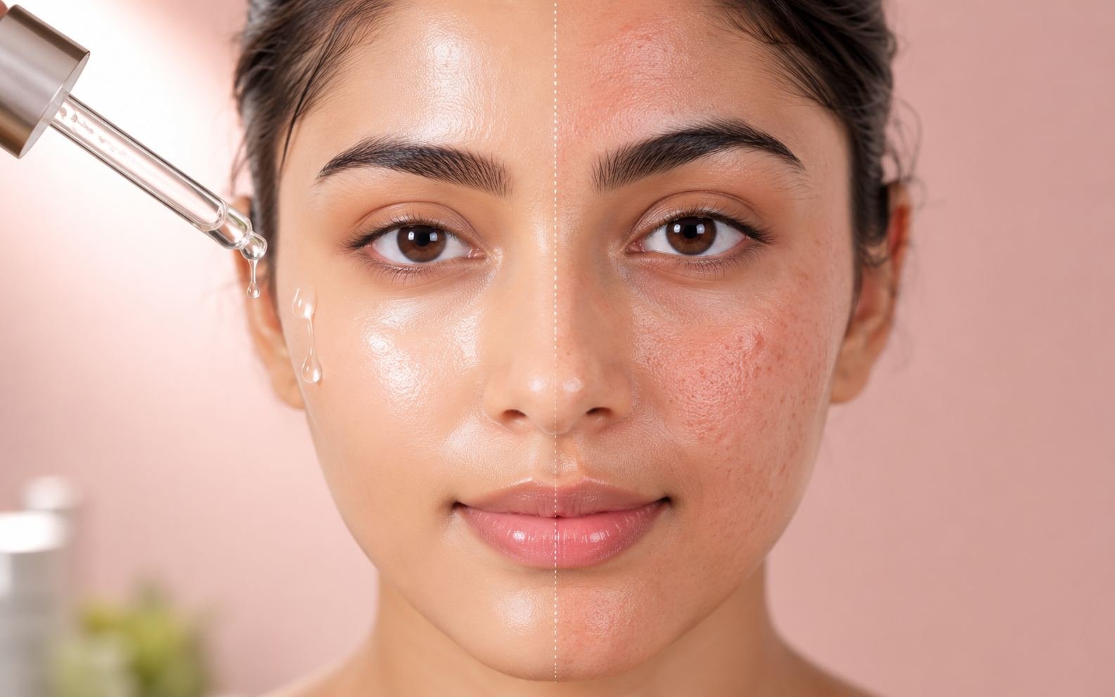 Indian woman close-up showing a split-face comparison — glowing hydrated skin on one side and dull, textured skin on the other