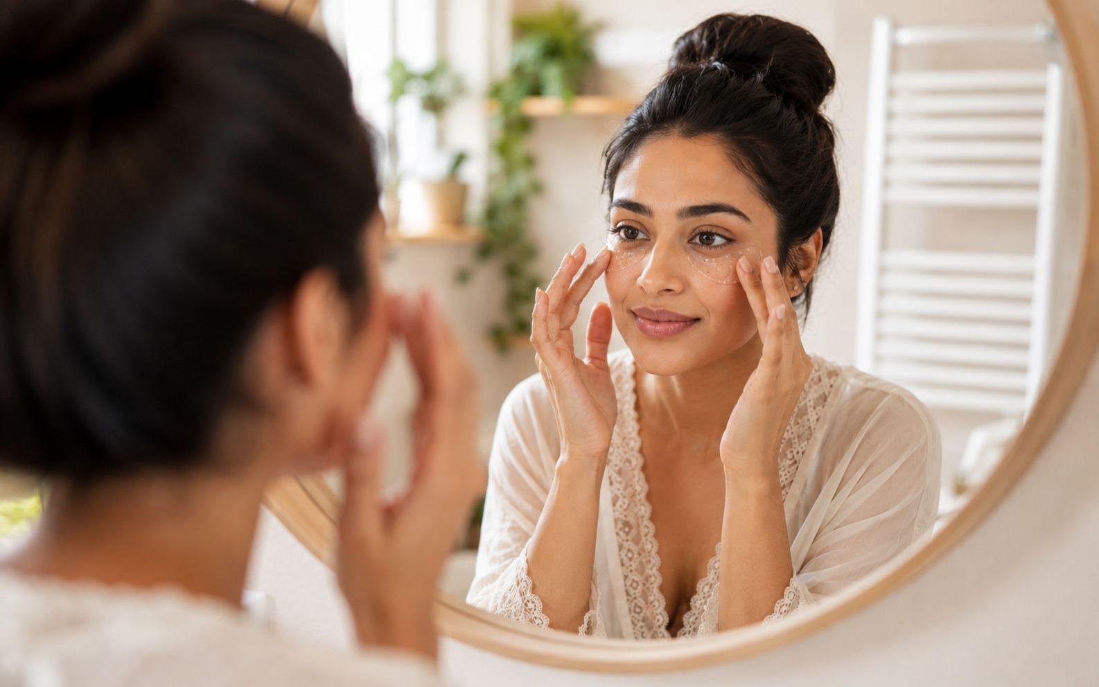 Indian woman applying hydrating under-eye patches at her vanity mirror during her morning skincare routine
