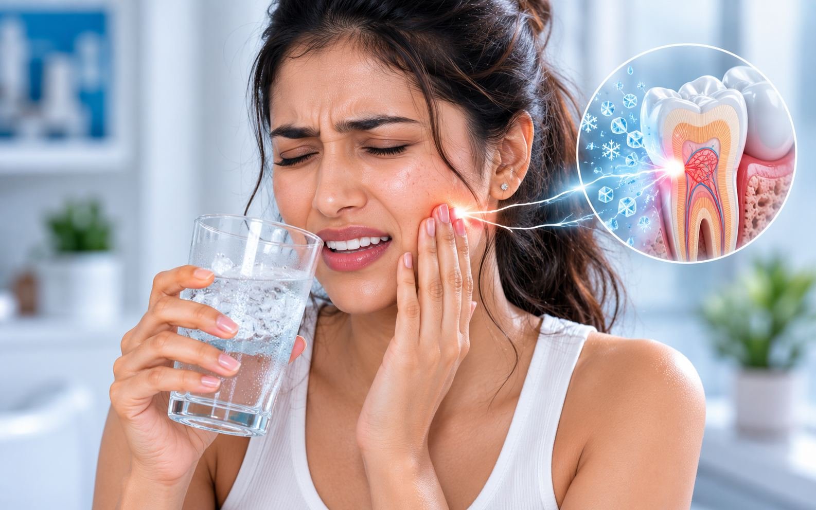 Young Indian woman wincing while drinking cold water from a glass, hand pressed to her cheek