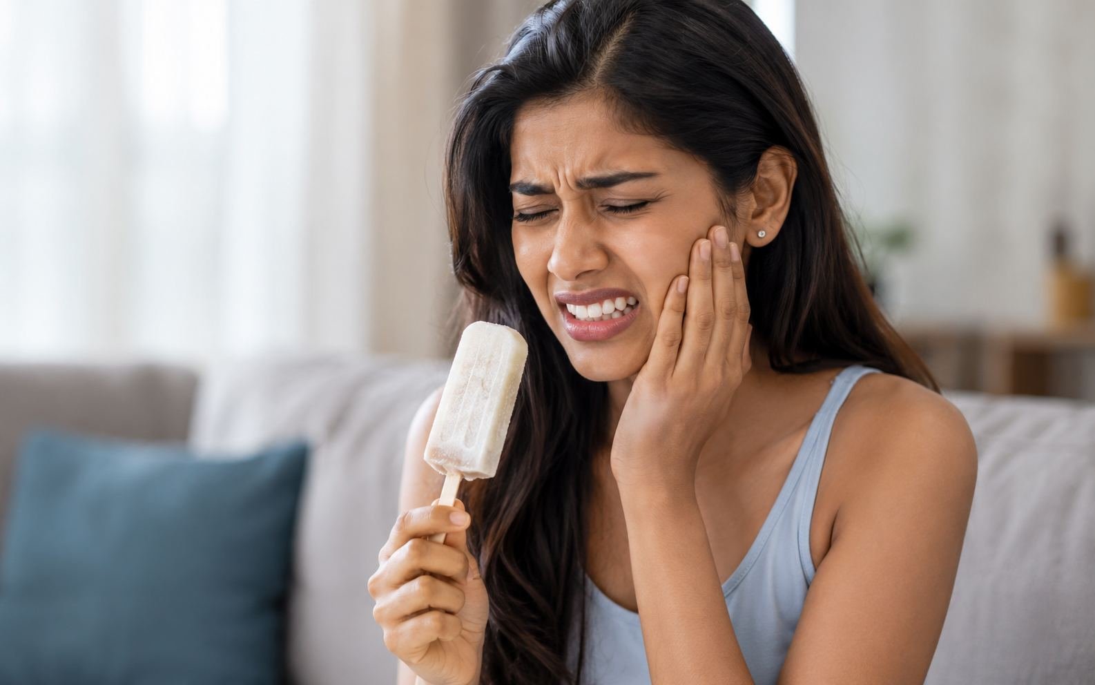 Young Indian woman wincing in discomfort while eating an ice popsicle, holding her cheek